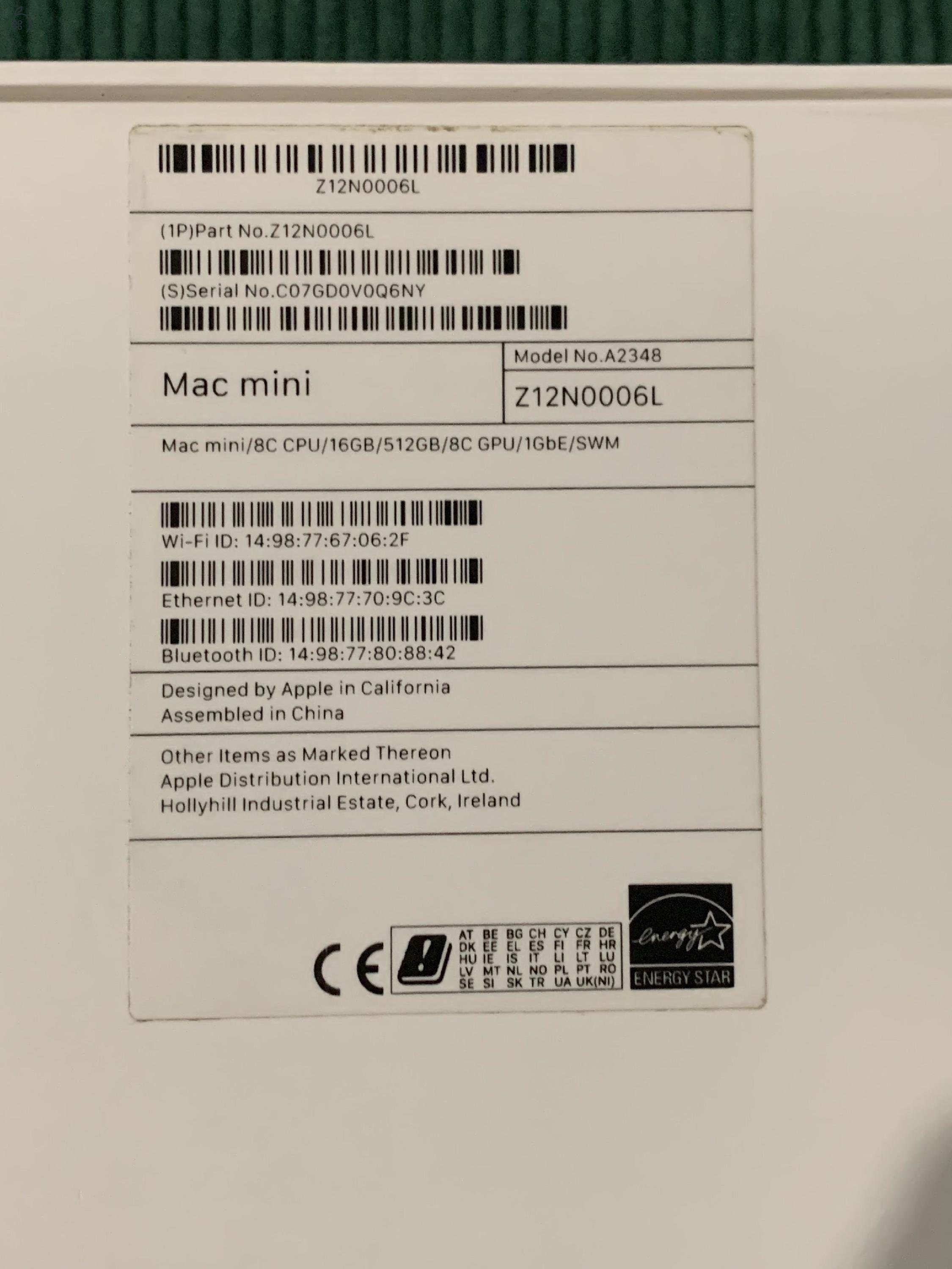 Eladó újszerű M1 Mac mini 8C CPU/16GB/512GB/8C GPU