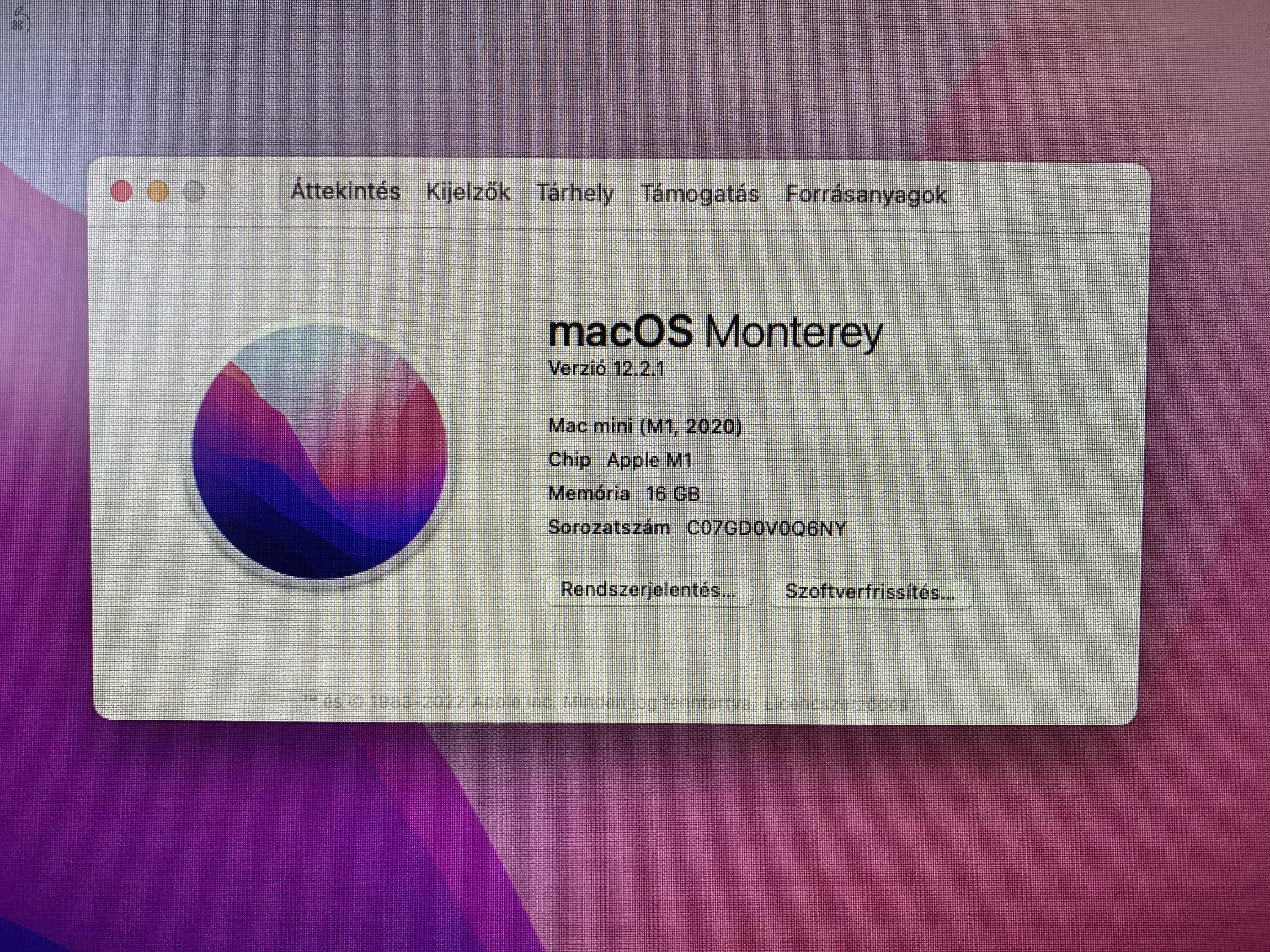 Eladó újszerű M1 Mac mini 8C CPU/16GB/512GB/8C GPU