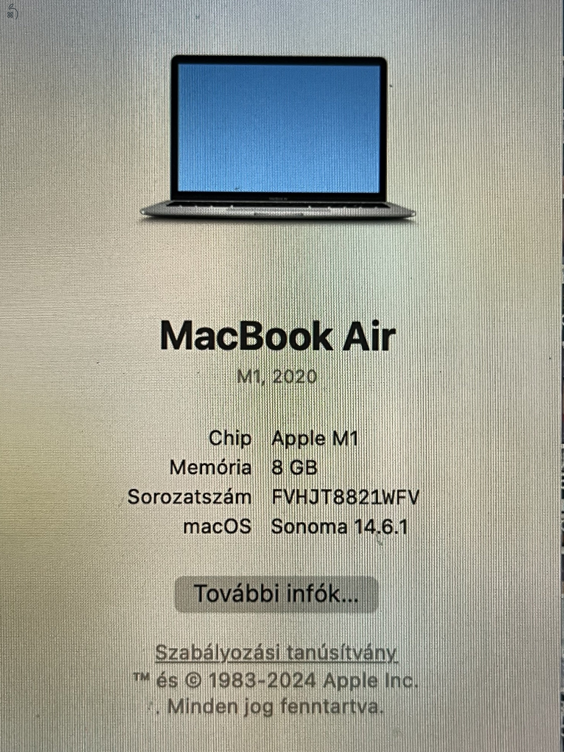 Eladó MacBook Air A2337 M1/256GB/8GB 2023.februári