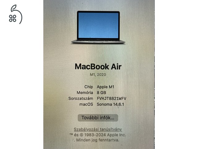 Eladó MacBook Air A2337 M1/256GB/8GB 2023.februári