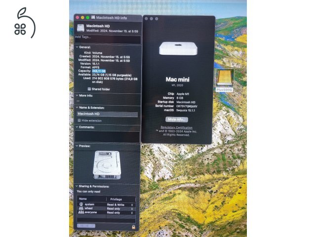 Mac mini M1 8G/256G + dokkoló 500G WD Blue SSD-vel