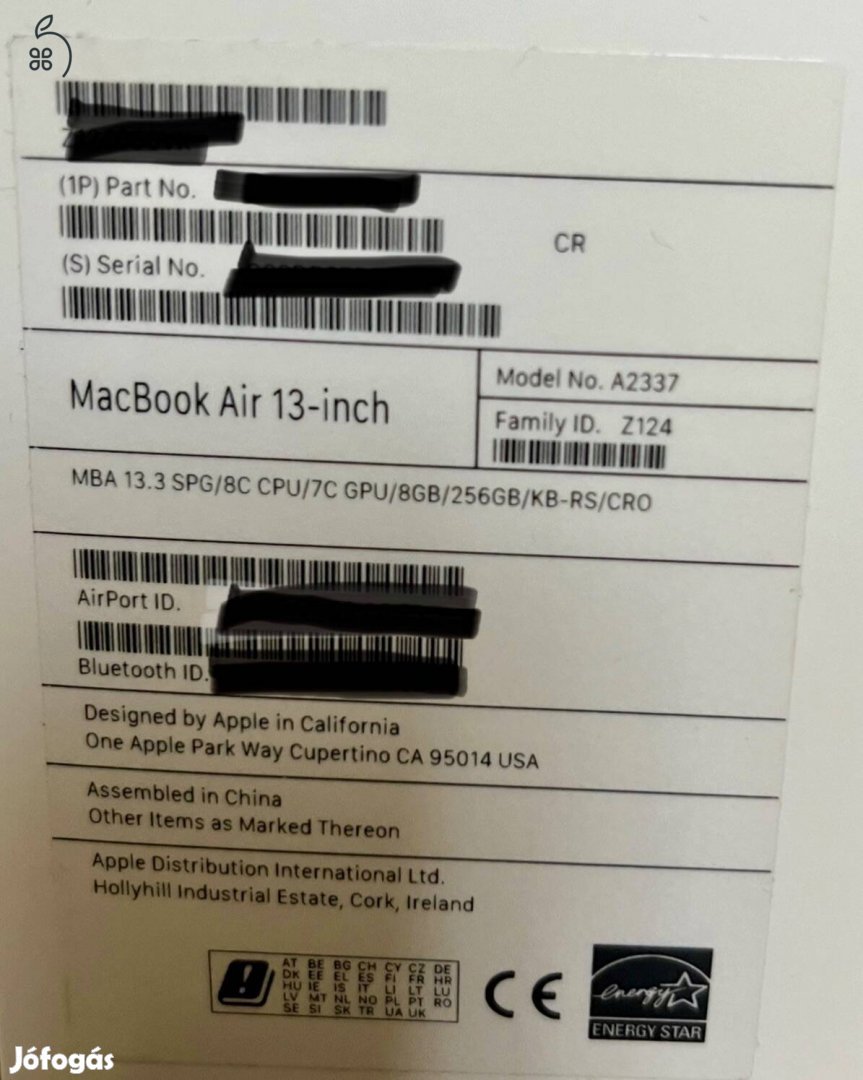 Apple Macbook Air M1 2020 13.3 8GB/256GB SSD, 92 % akku