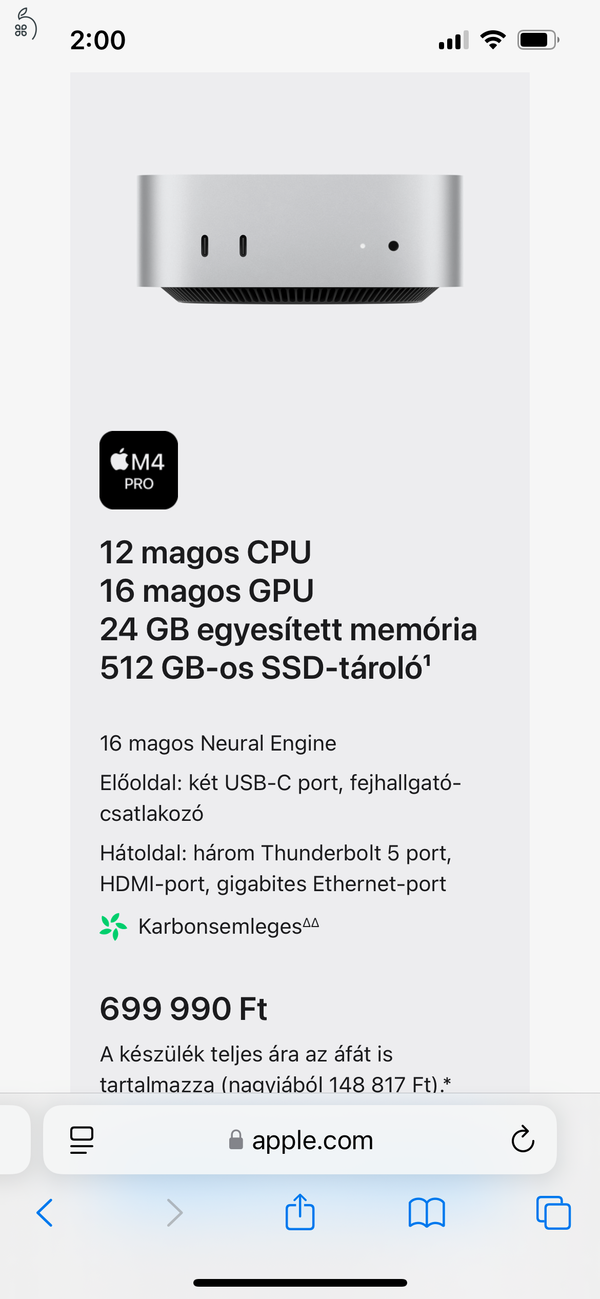 AKCIÓ -- 2024 Mac Mini M4 Pro Chip 24GB RAM / 512 SSD - Bontatlan