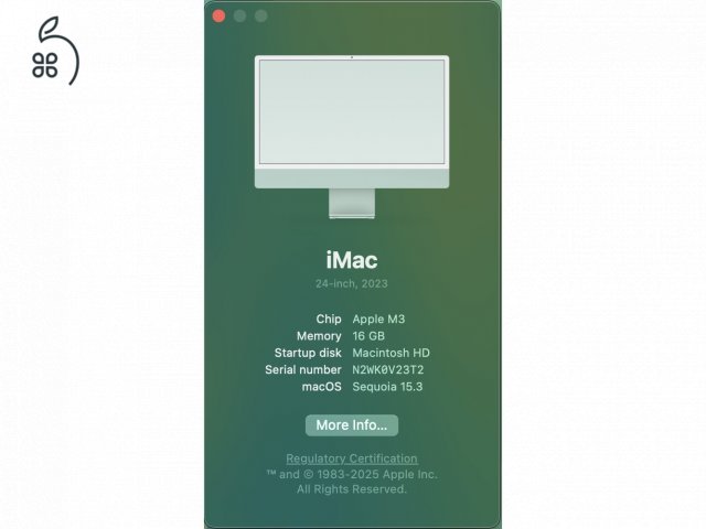 iMac M3, 16GB RAM, 512GB SSD, zöld, magyar bill.