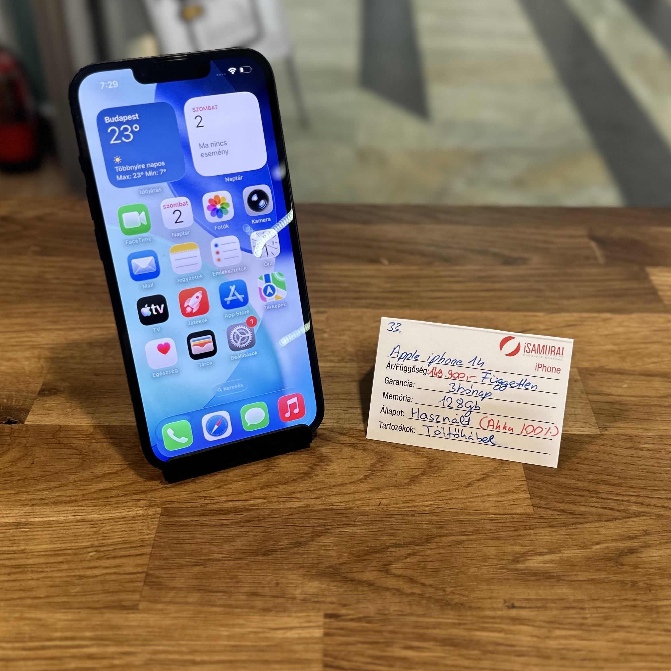 33. Apple iPhone 14  - 128 GB - Fekete -Akku 100% -Független