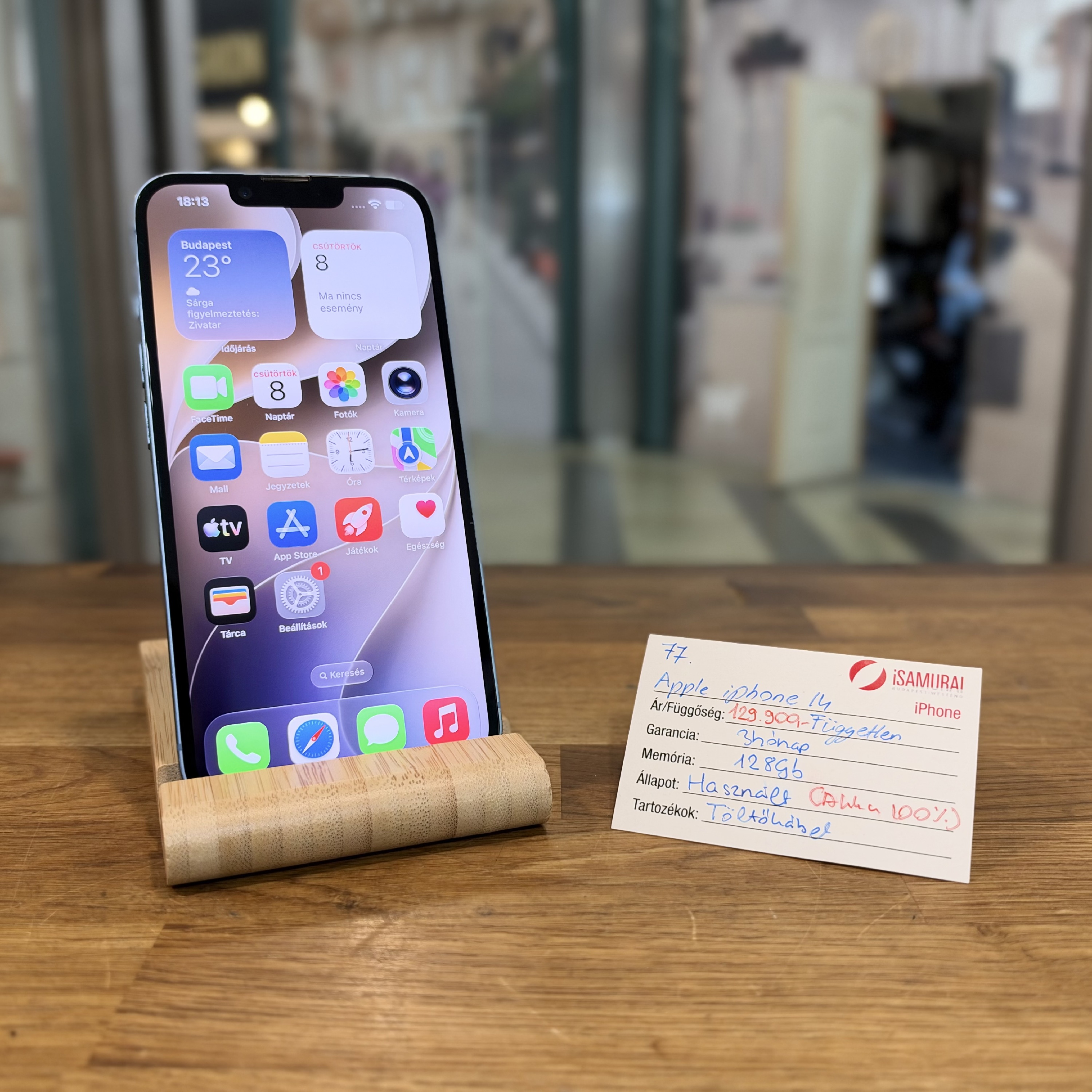 Apple iPhone 14 - 128 GB - Kék - Akku 100% -Független (77.)