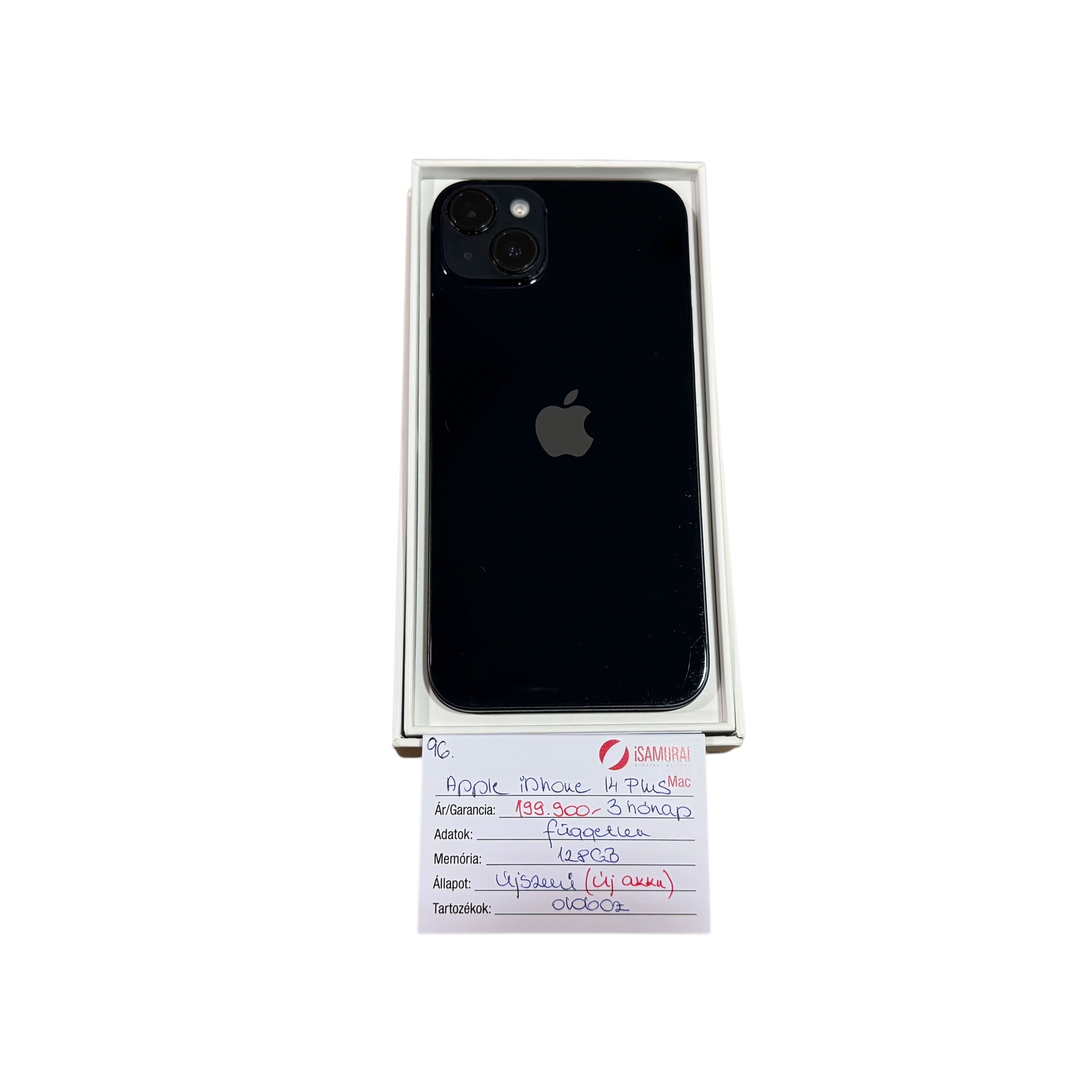 96. Apple iPhone 14 Plus - 128 GB - Fekete - Újszerű - ÚJ AKKU