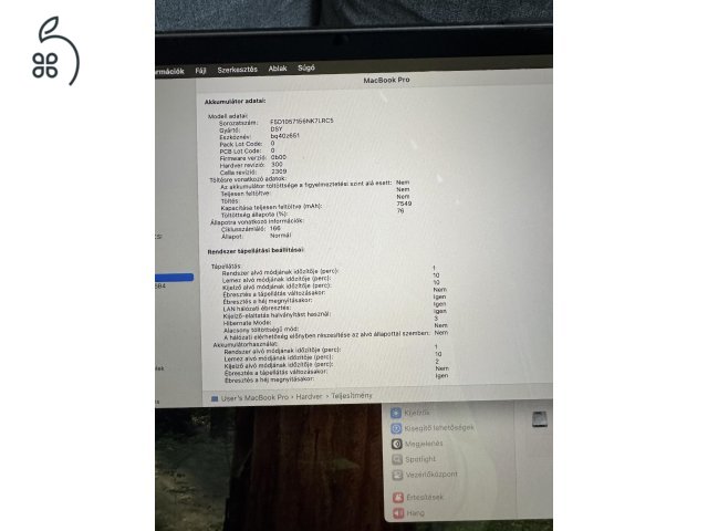 Eladó macbook pro 2019, i7, 32Gb, 512 ssd, KARCMENTES, touchbar, 166 ciklus