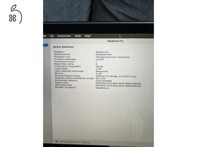 Eladó macbook pro 2019, i7, 32Gb, 512 ssd, KARCMENTES, touchbar, 166 ciklus