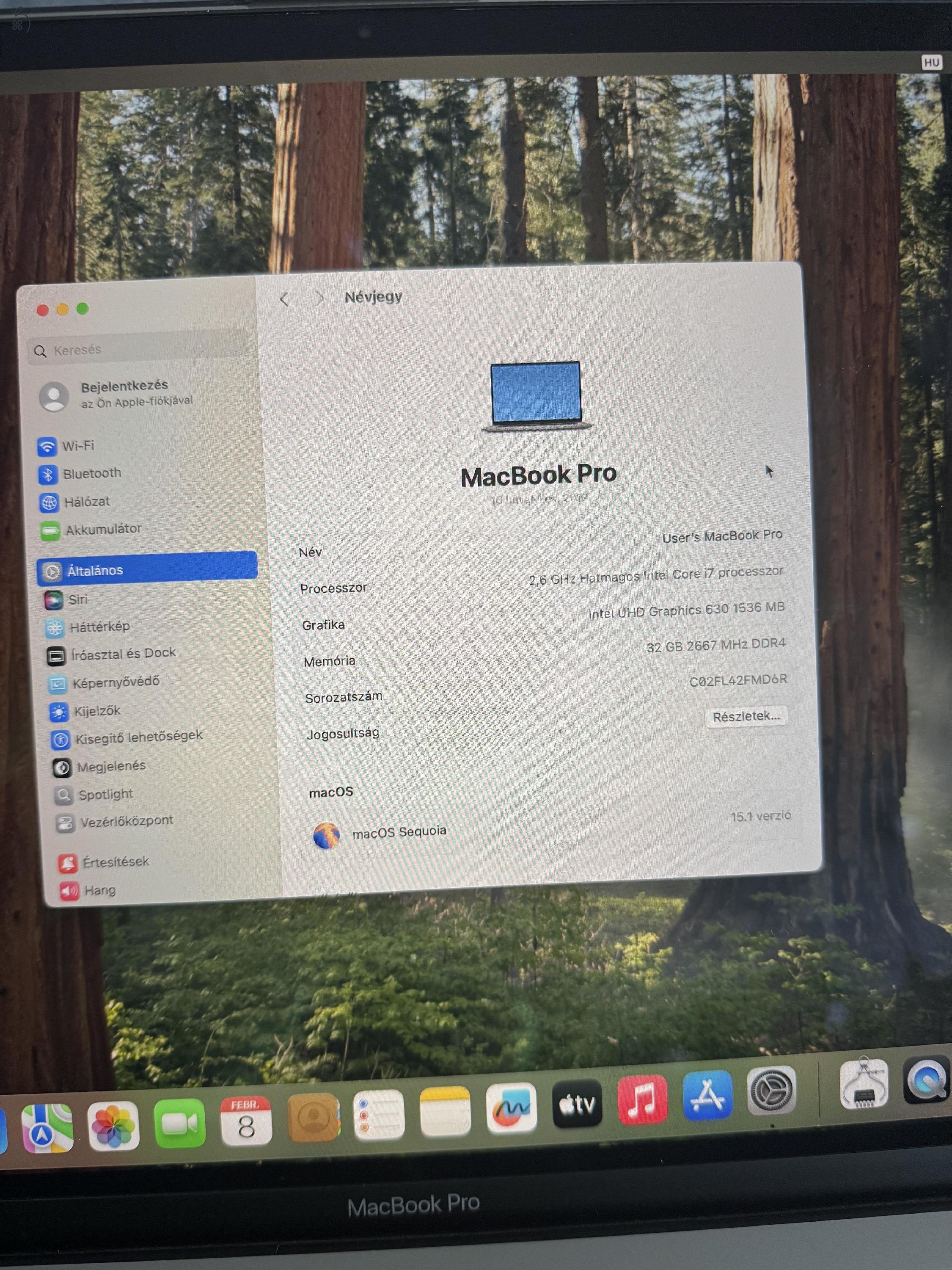 Eladó macbook pro 2019, i7, 32Gb, 512 ssd, KARCMENTES, touchbar, 166 ciklus