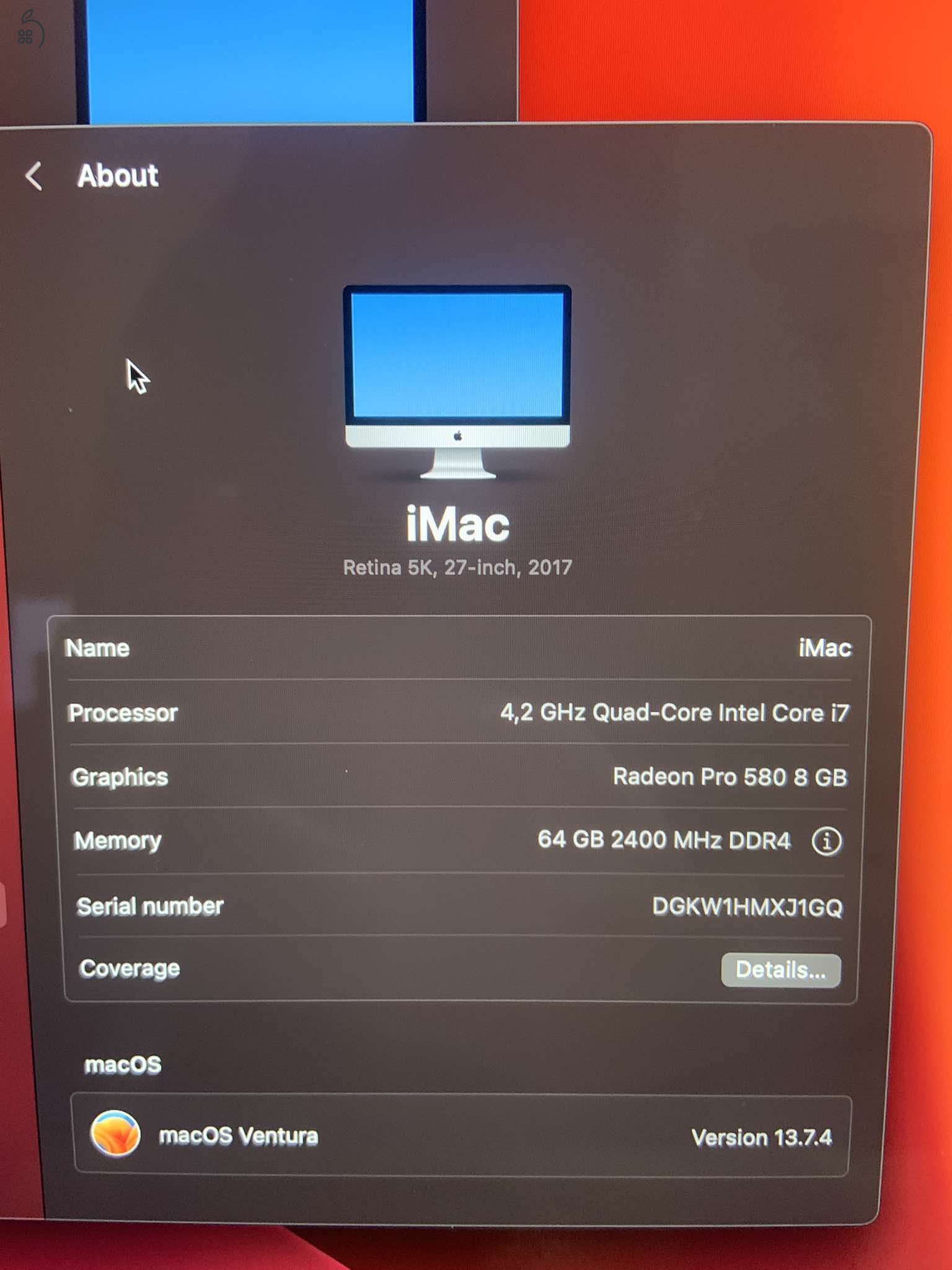 Apple iMac 2017 (5K Retina, 64GB RAM, 500GB NVMe SSD, Radeon Pro 580 8GB)