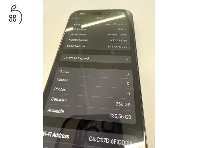 iPhone 15Pro 256 Gb titánkék, 95% akku 1,5 év gari