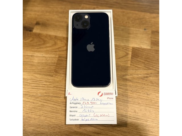 2.Apple iPhone 13 Mini - 128 GB - Fekete - Kártyafüggetlen -Új Akku