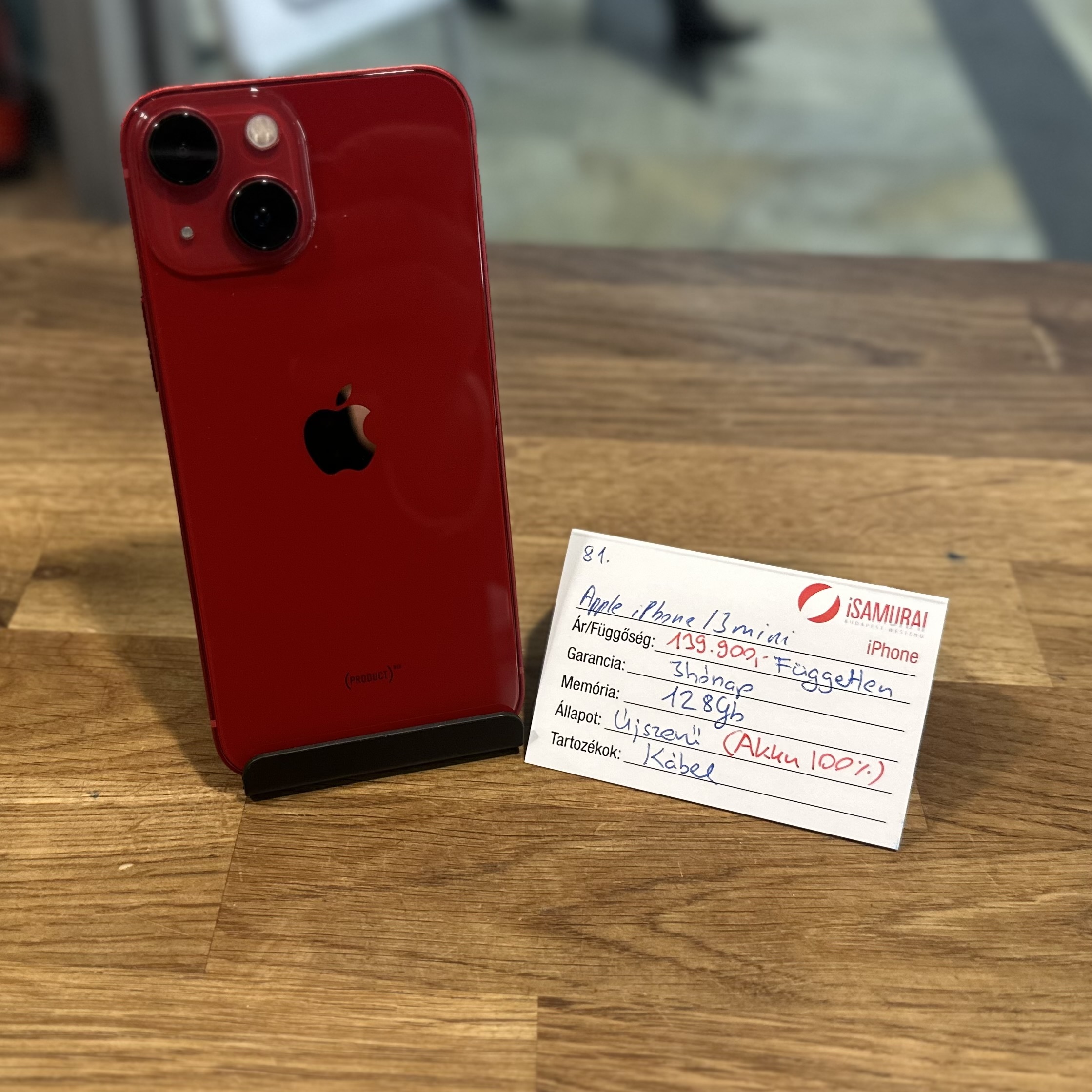 81.Apple iPhone 13 Mini - 128 GB - Piros - Kártyafüggetlen -Új Akku
