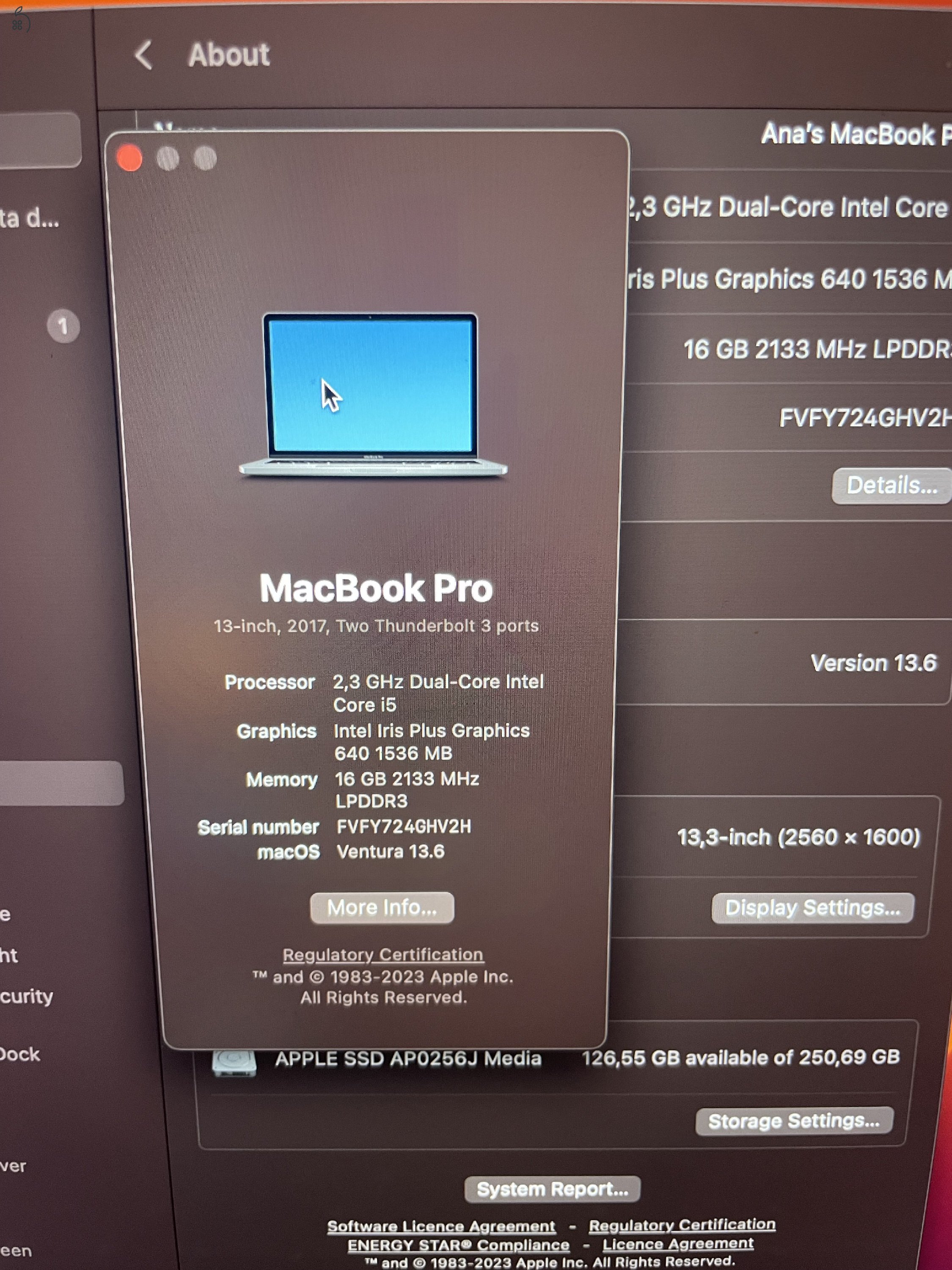 Macbook Pro 13” 2017, i5, 16GB, 256 GB