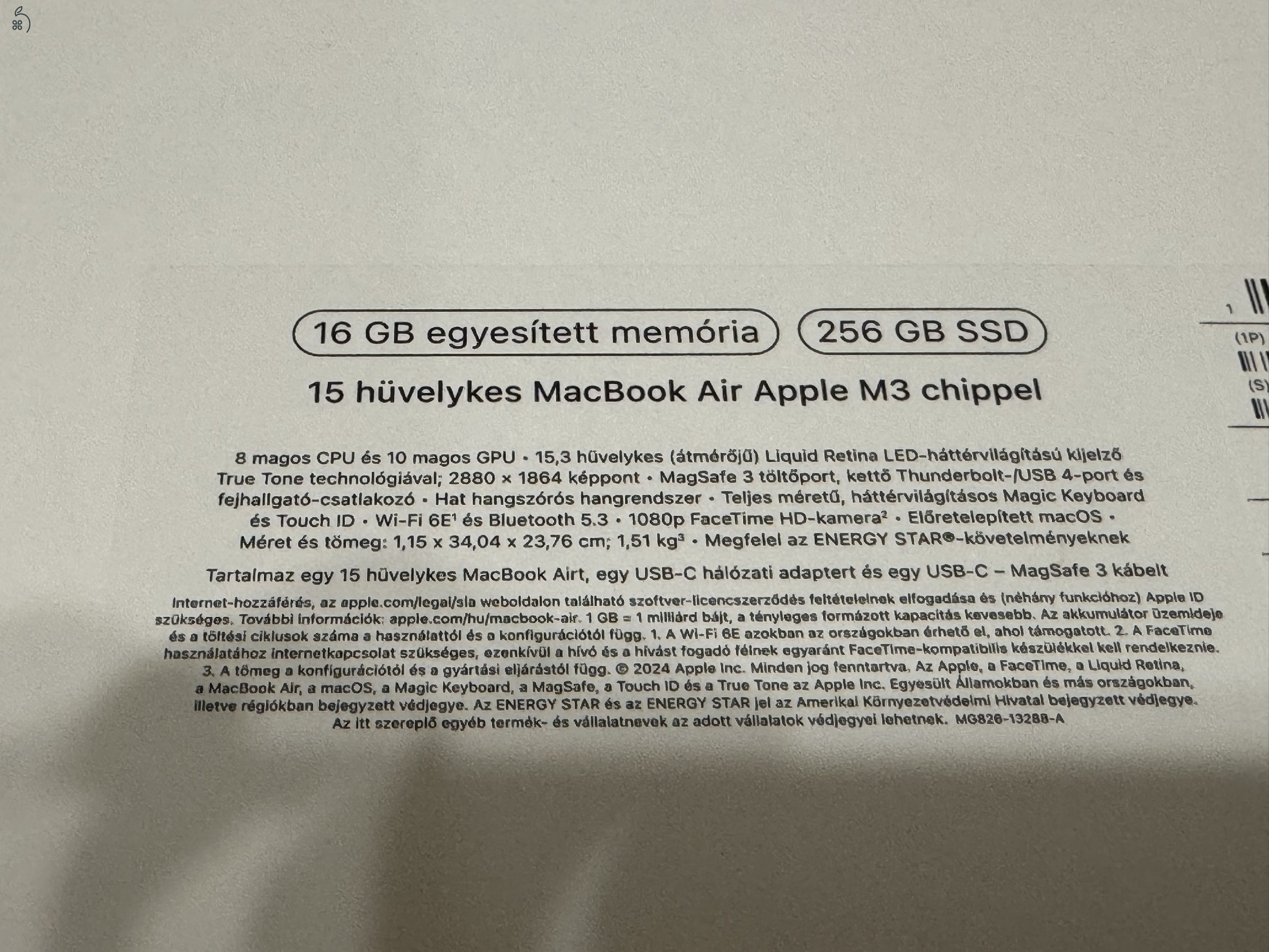 Apple Macbook Air 15,3 , M3 chip, 16/256Gb, 3 év Notebook.hu garancia! ÚJ!