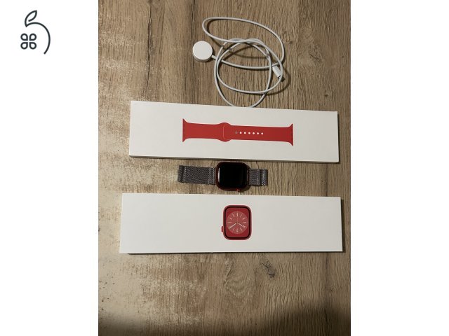 Apple Watch Series 8 45mm GPS+Cellular,Piros 94% akku , doboz meg töltött gyári.