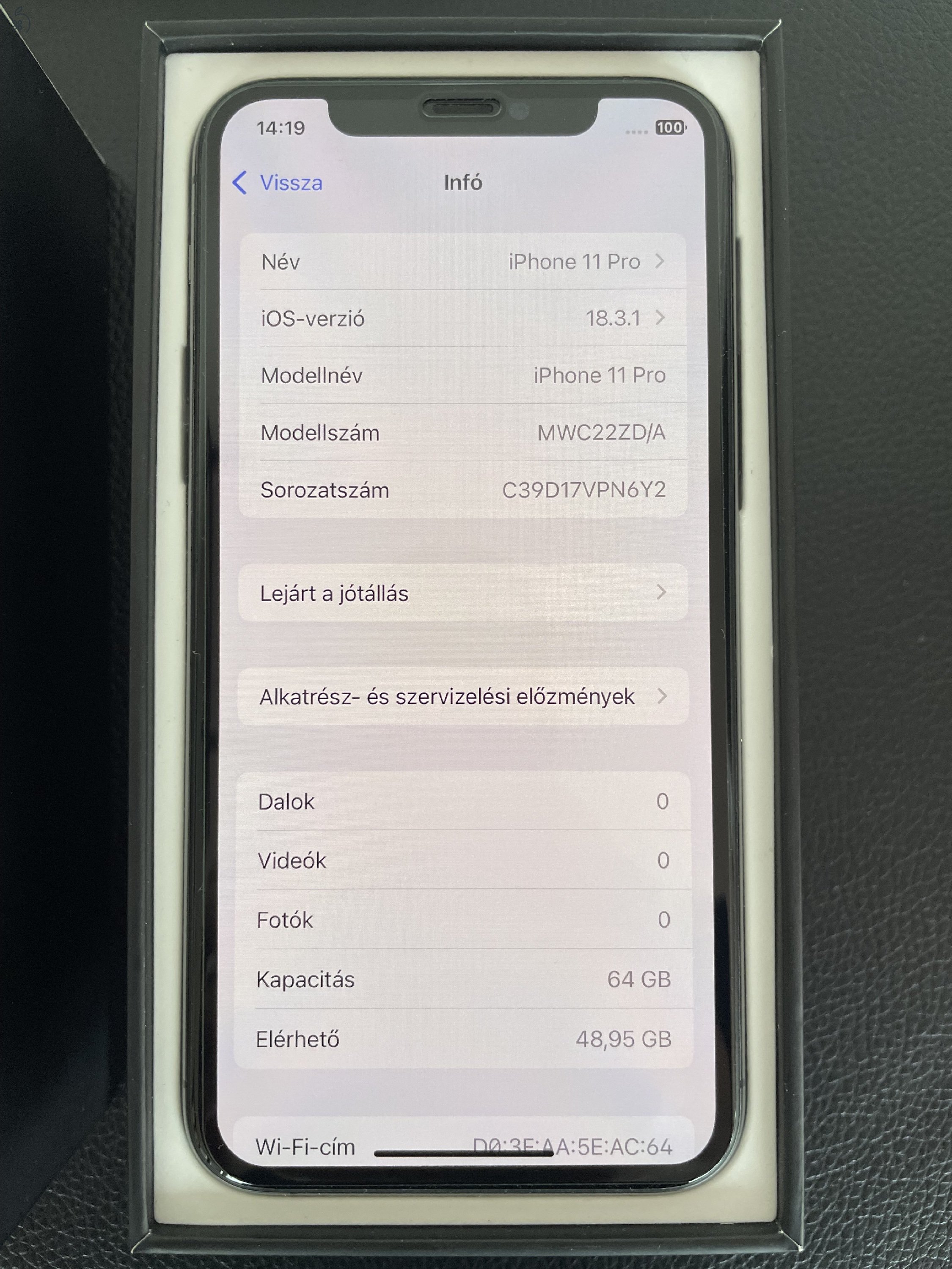 IPHONE 11 PRO 64GB Space Gray Gyárilag Kártyafüggetlen Aksi 100%  (Makulátlan)