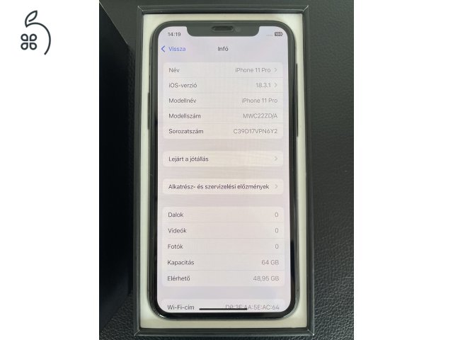 IPHONE 11 PRO 64GB Space Gray Gyárilag Kártyafüggetlen Aksi 100%  (Makulátlan)