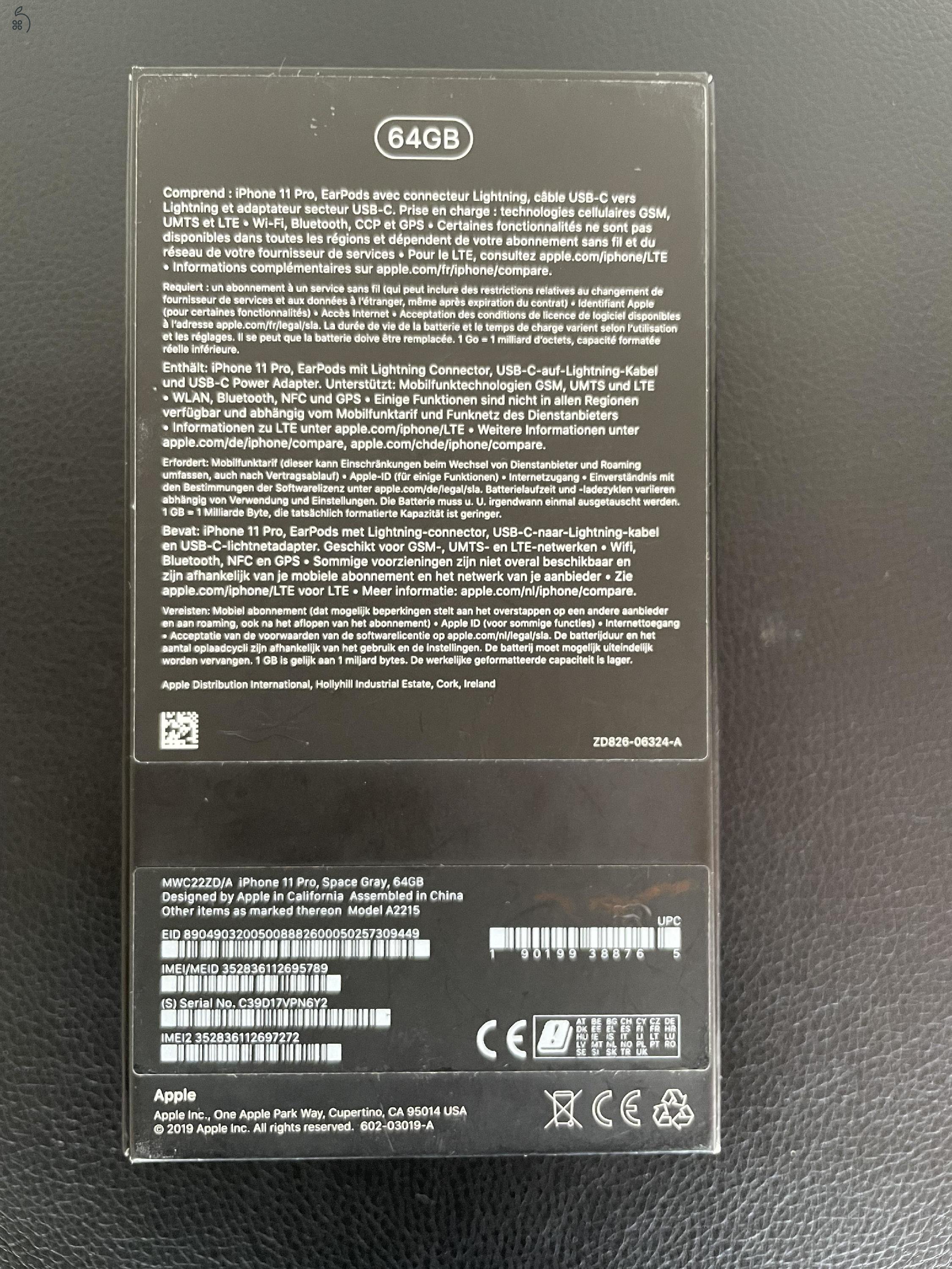 IPHONE 11 PRO 64GB Space Gray Gyárilag Kártyafüggetlen Aksi 100%  (Makulátlan)