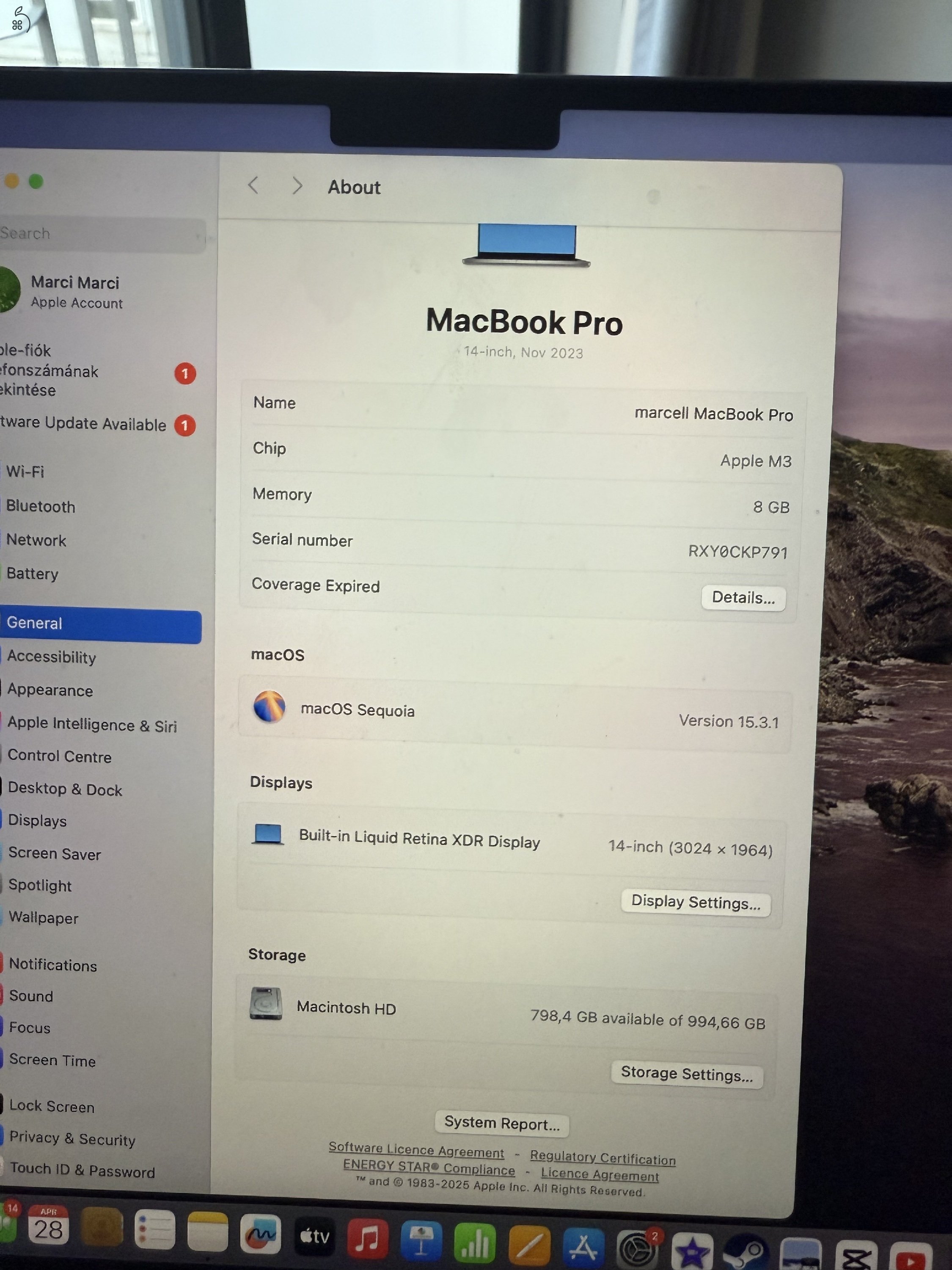 Eladó  MacBook Pro 14(M3 / 8GB / SSD 1TB) egérrel együtt.
