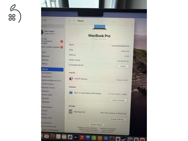 Eladó  MacBook Pro 14(M3 / 8GB / SSD 1TB) egérrel együtt.