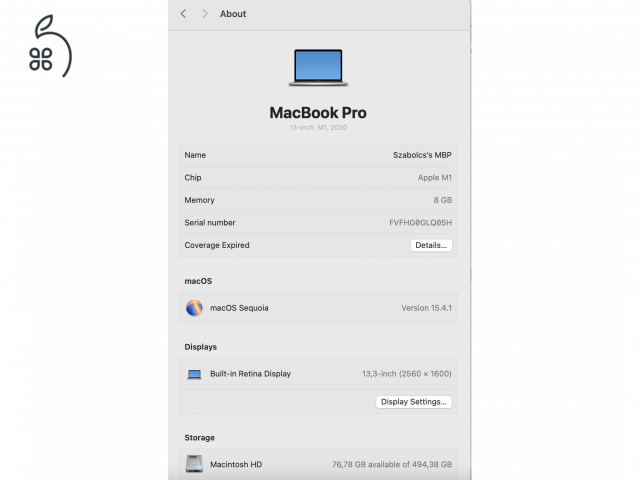 Macbook Pro M1 - 8GB RAM, 512GB SSD, Garanciális