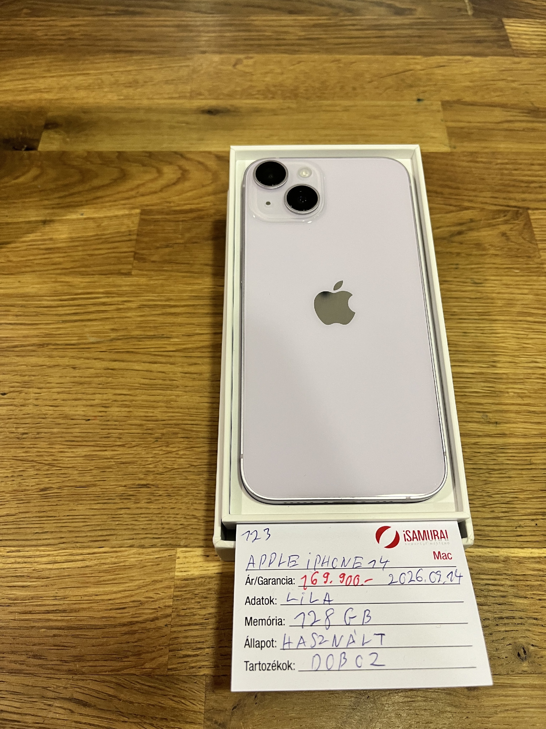 123. Apple iPhone 14  - 128 GB - Lila - Használt