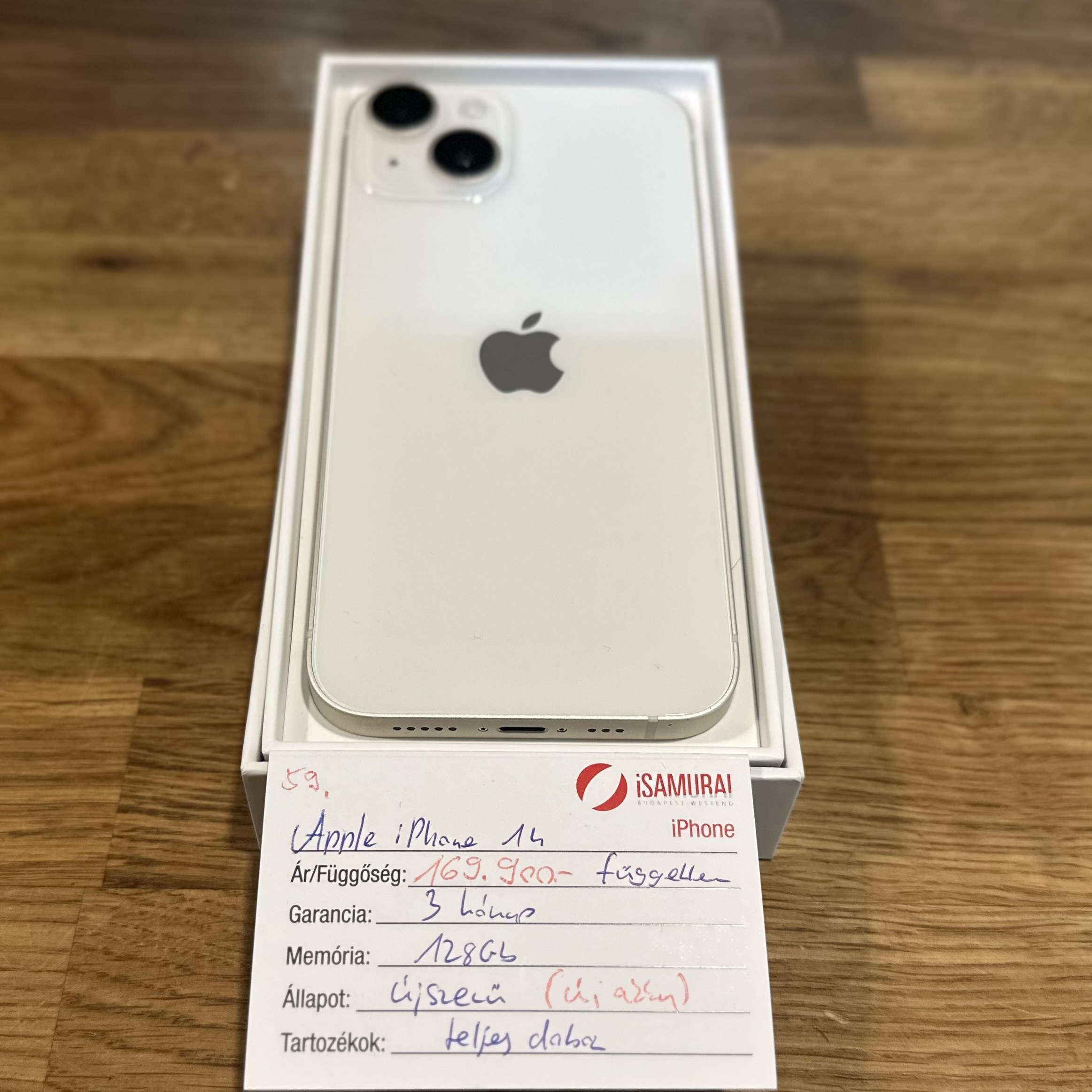 59. Apple iPhone 14  - 128 GB - Fehér - Újszerű - Új akku