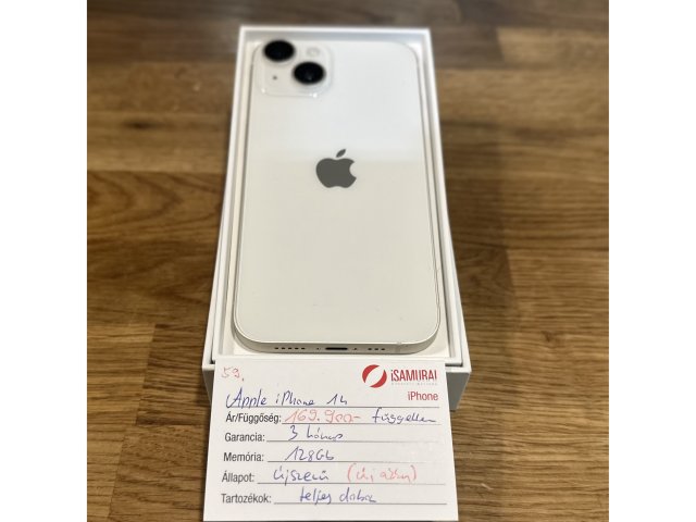 59. Apple iPhone 14  - 128 GB - Fehér - Újszerű - Új akku