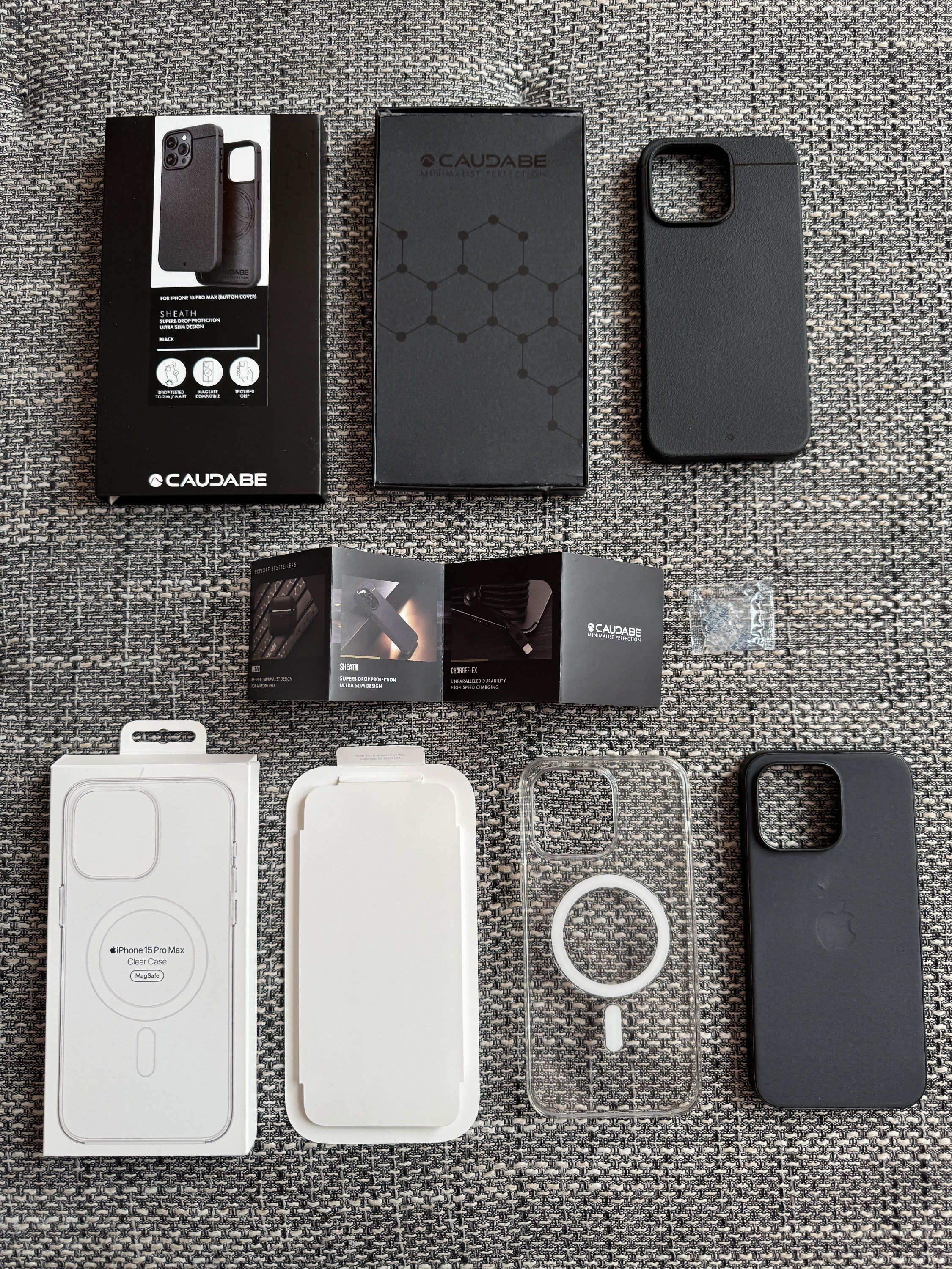 iPhone 15 Pro Max tokok eladók (Caudabe, FineWoven, Clear Case)