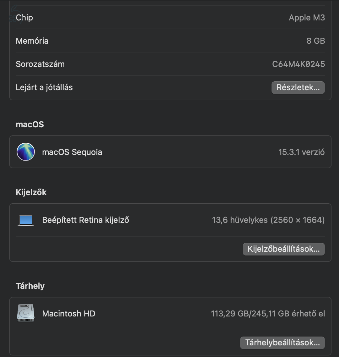 Karcmentes MacBook Air M3 (2024) 8GB, 256GB SSD, magyar billentyűzet