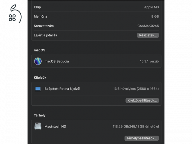 Karcmentes MacBook Air M3 (2024) 8GB, 256GB SSD, magyar billentyűzet