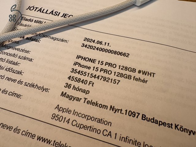 Apple iPhone 15 Pro – 128 GB – Fehér titán – Magyarországi vásárlás