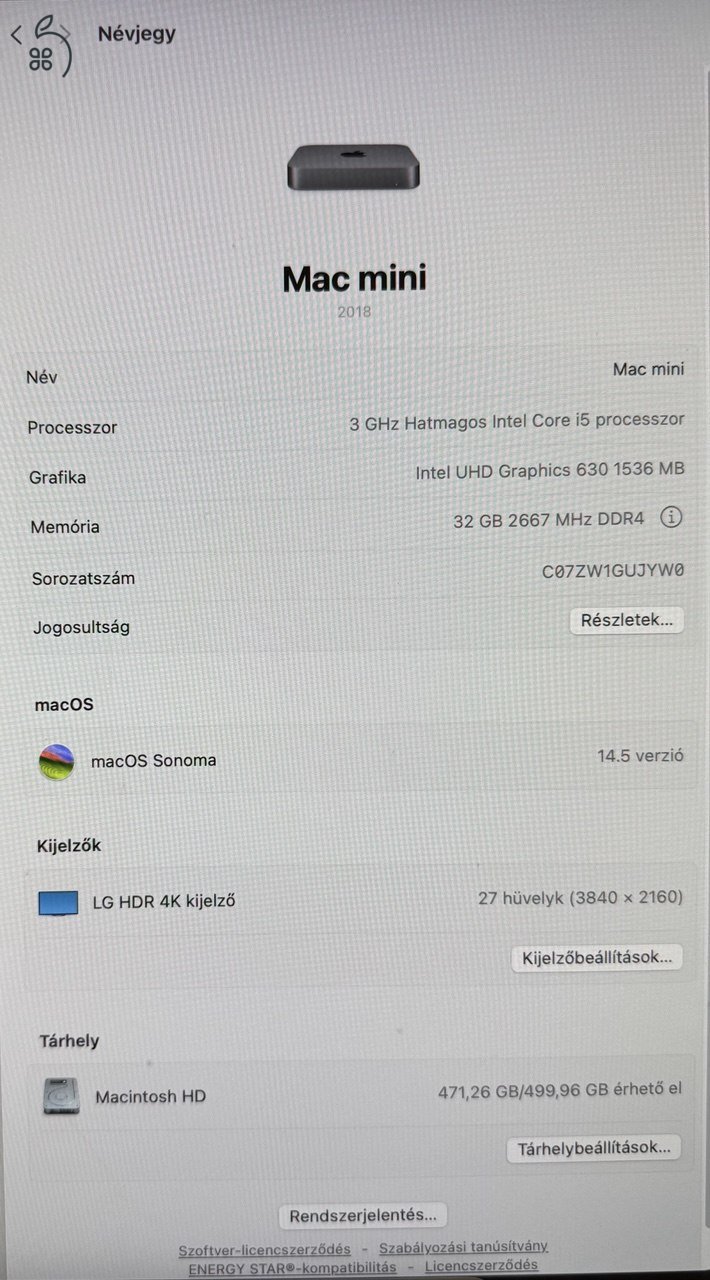 2018 Mac Mini 32GB RAM 500GB tárhely