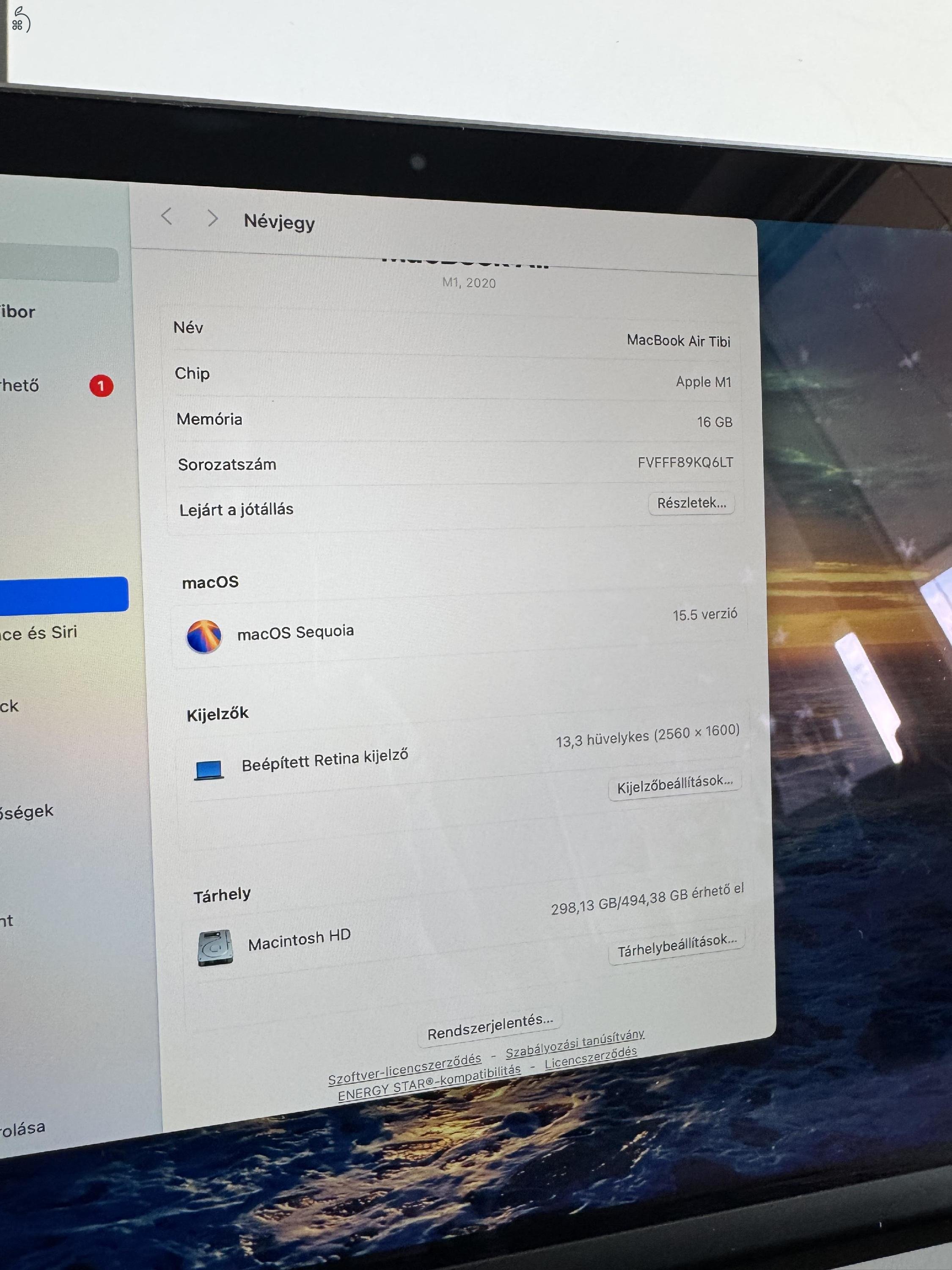 Eladó vagy csere! Macbook Air, M1, 13 colos, 16 Gb ram 512 SSD, US billentyűzetkiosztás