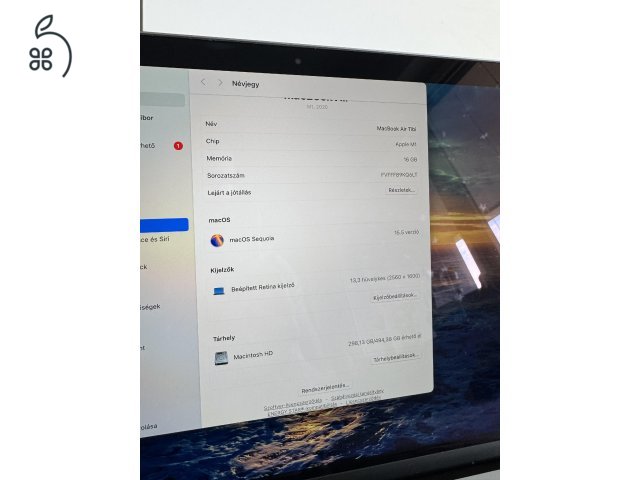 Eladó vagy csere! Macbook Air, M1, 13 colos, 16 Gb ram 512 SSD, US billentyűzetkiosztás