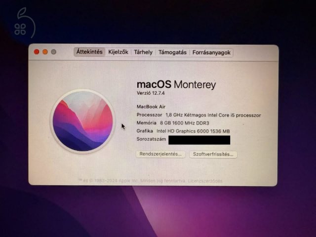 Macbook Air 2017 / 8gb / 128 ssd / i5 / 140 ciklus(2019-es gyártmány)