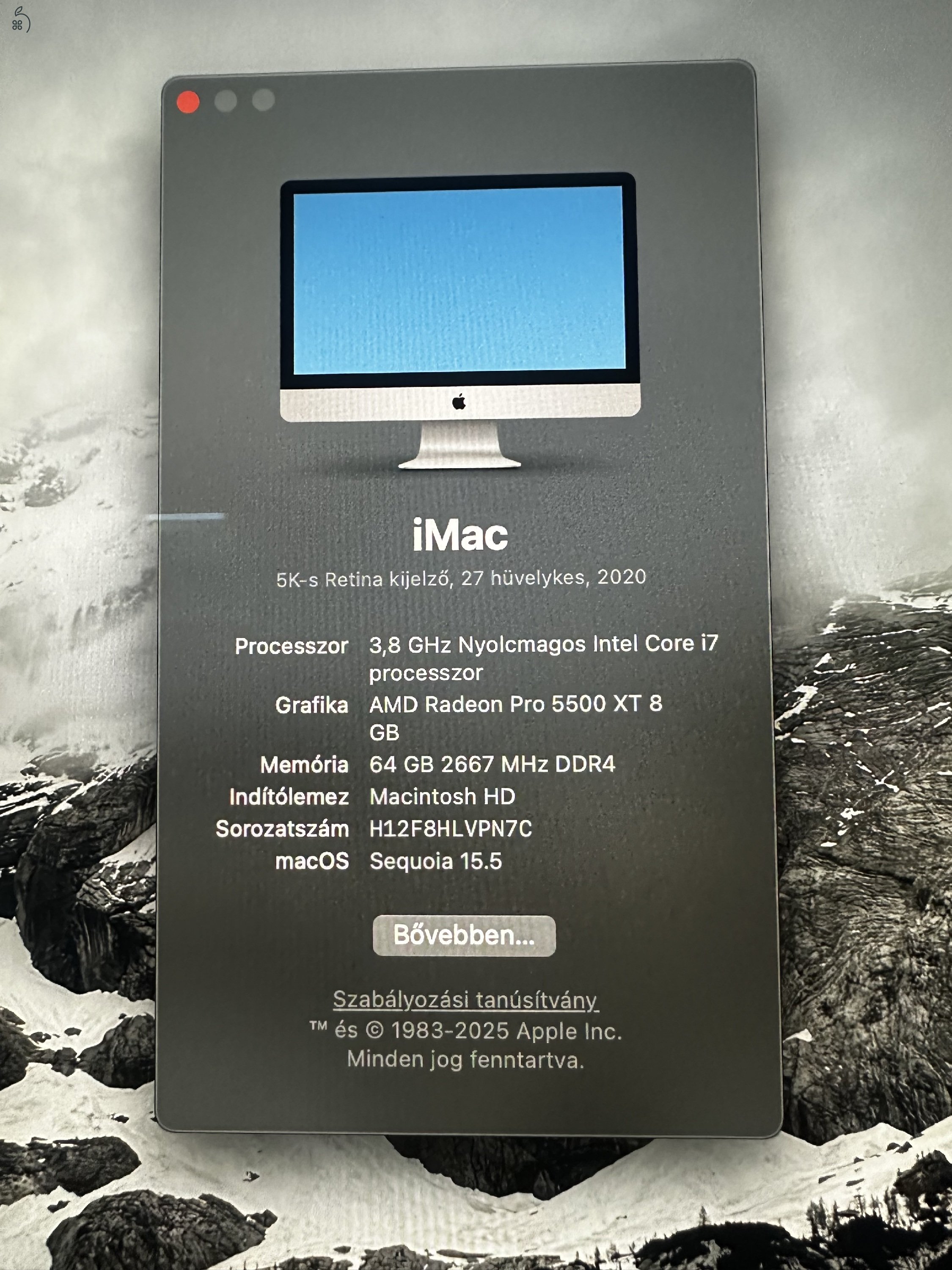 2020as Imac i7 3.8 Ghz, 64Gb 2667 GHz ram, 512 GB SSD, Radeon 5500 xt. Vga.