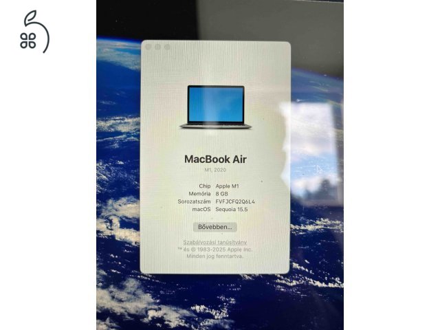 MacBook Air M1, 8 GB RAM, 250 GB tárhely