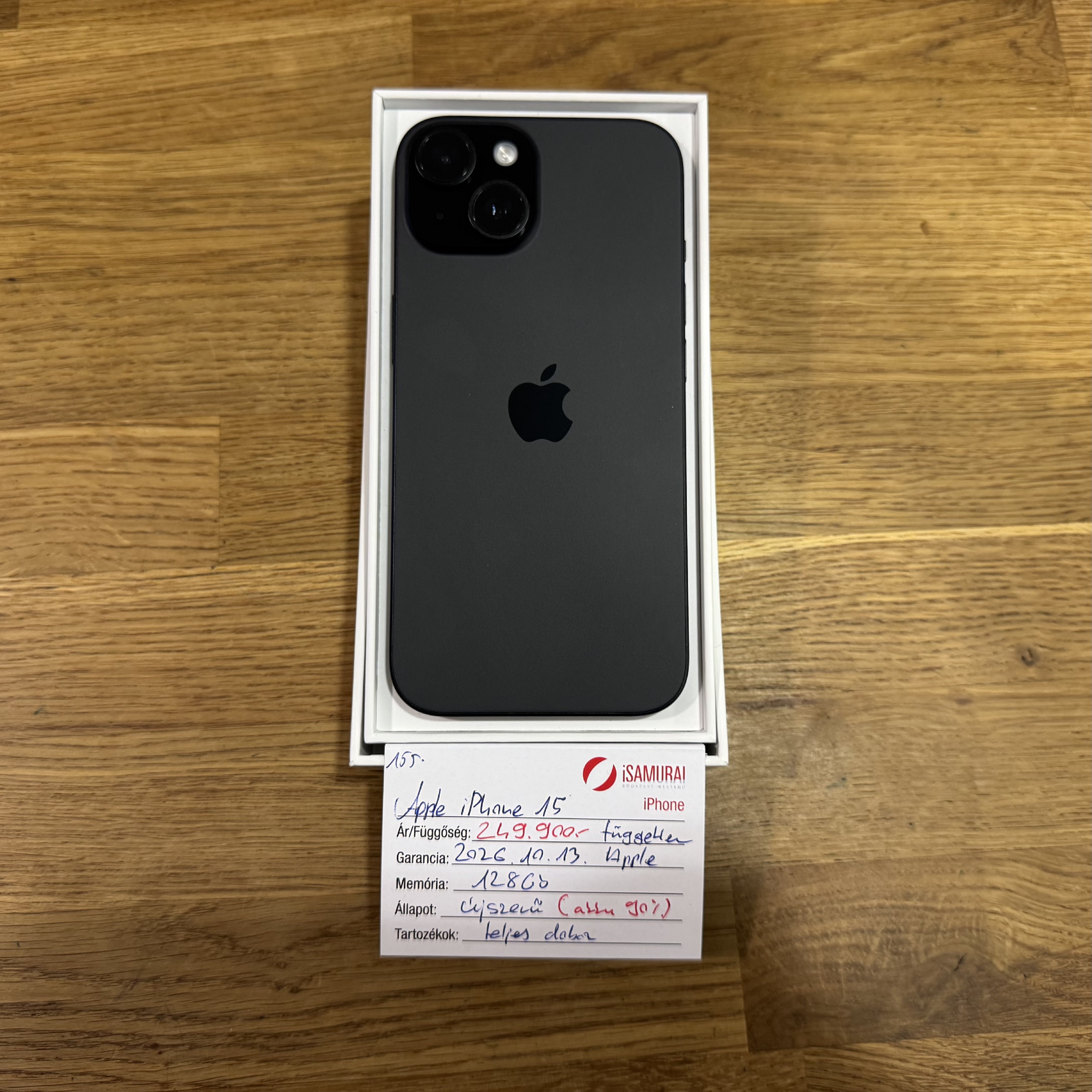 155. Apple iPhone 15 - 128 GB - Black Titán - Újszerű - 90% akku - APPLE GAR