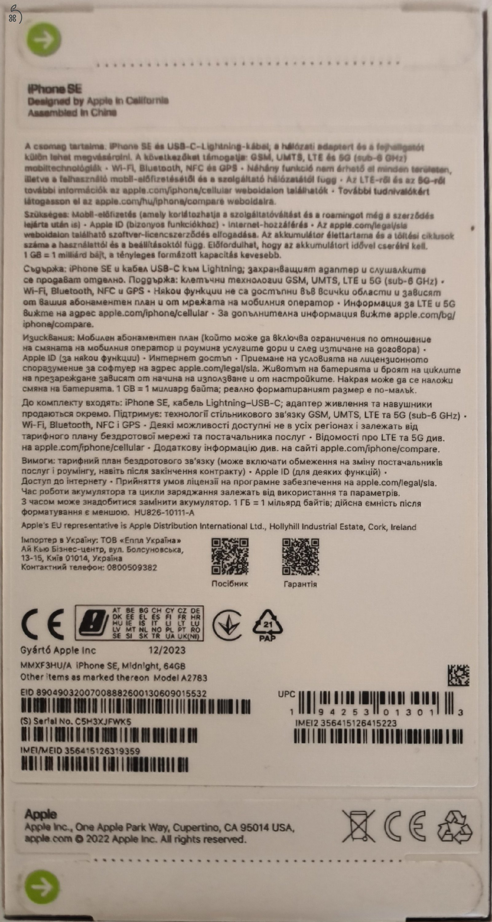 iPhone SE 3 (2022) 64GB fekete bontatlan, független, gyári garanciával EarPoddal