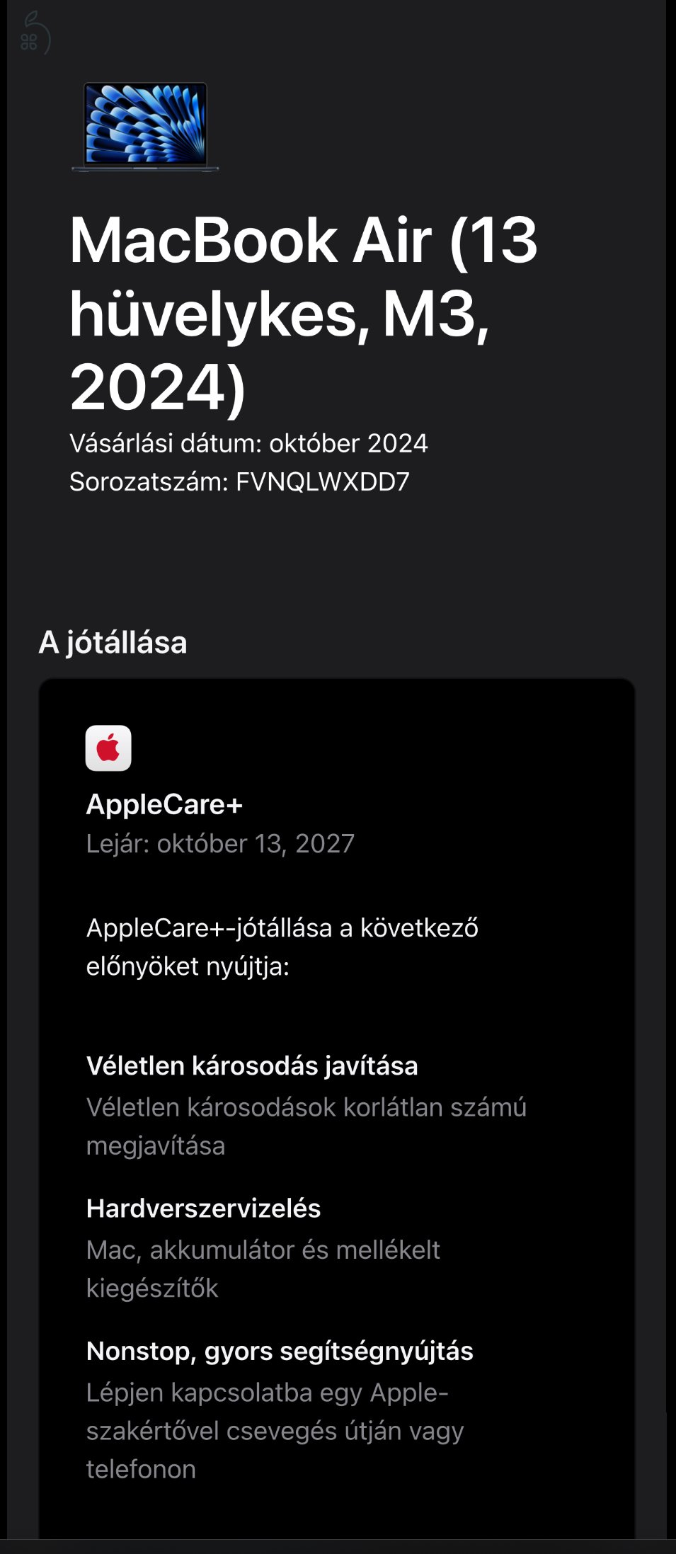 Apple MacBook Air 13 M3 16/512 éjfekete, AppleCare+ 2027.10