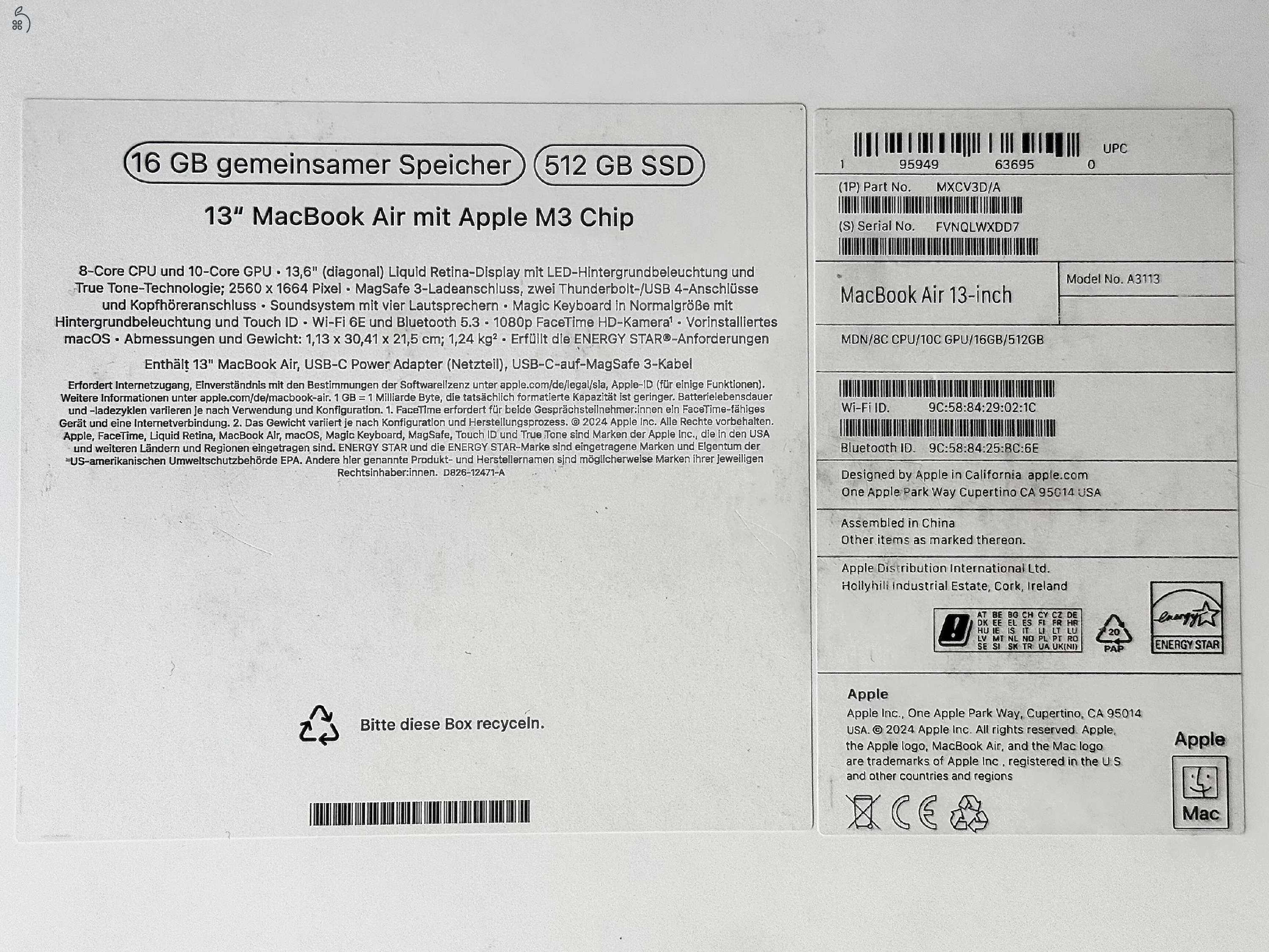 Apple MacBook Air 13 M3 16/512 éjfekete, AppleCare+ 2027.10