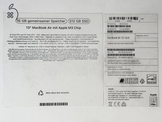 Apple MacBook Air 13 M3 16/512 éjfekete, AppleCare+ 2027.10