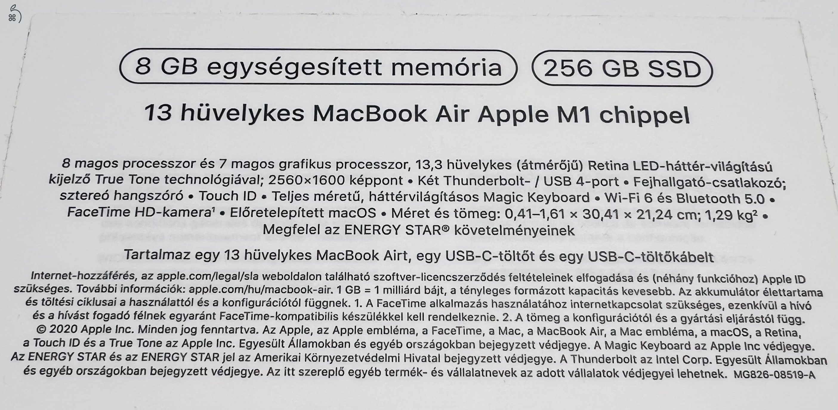 Macbook Air M1 8Gb 256Gb magyar karcmentes dobozában