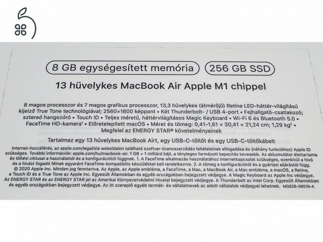 Macbook Air M1 8Gb 256Gb magyar karcmentes dobozában