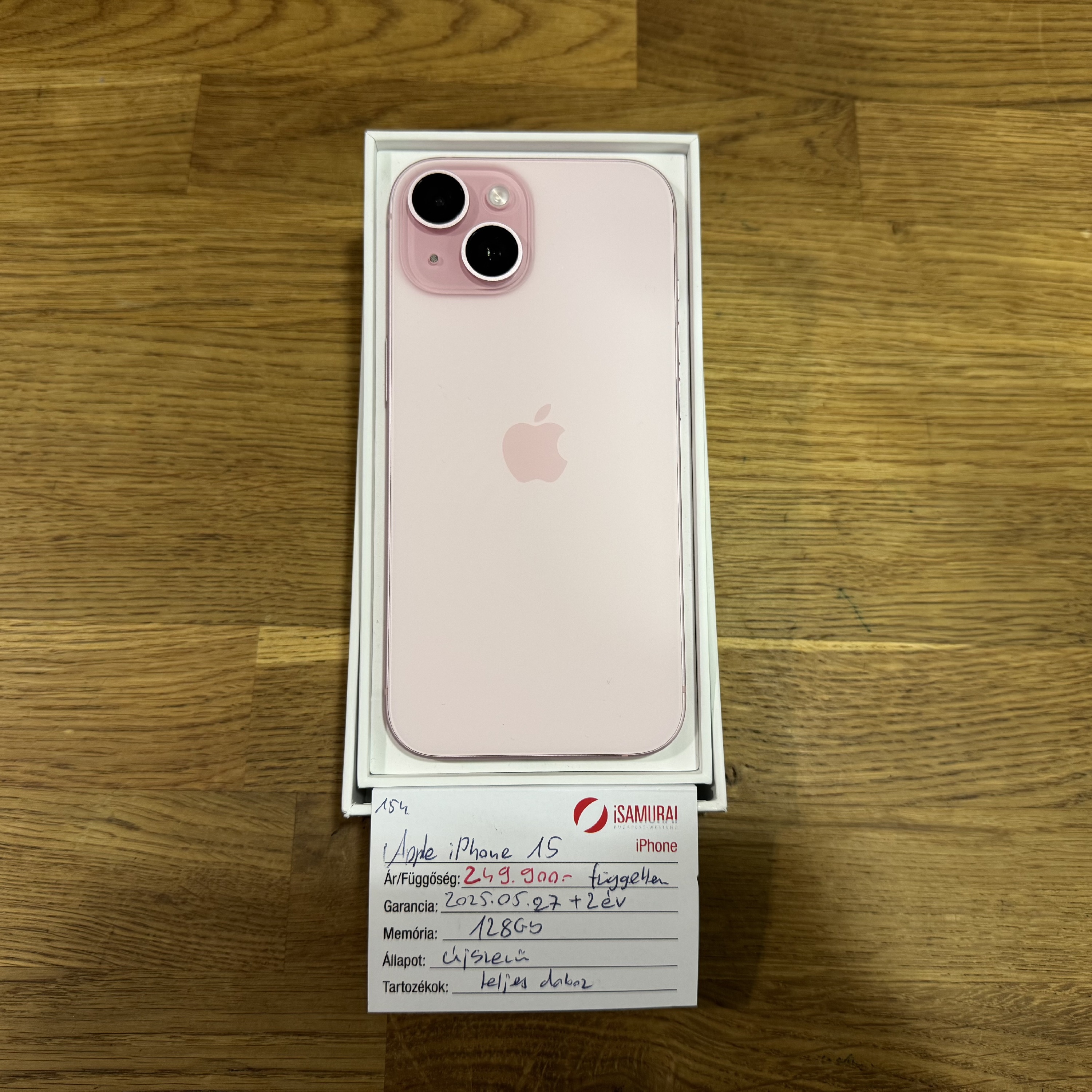 154. Apple iPhone 15 - 128 GB - Rózsaszín - Újszerű - APPLE GAR