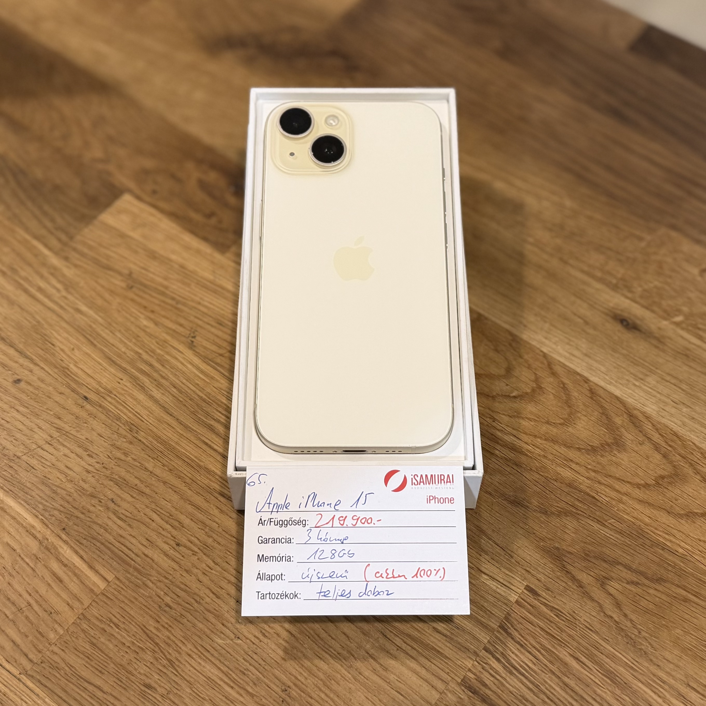 65. Apple iPhone 15 - 128 GB - Sárga - Újszerű - Akku 100%
