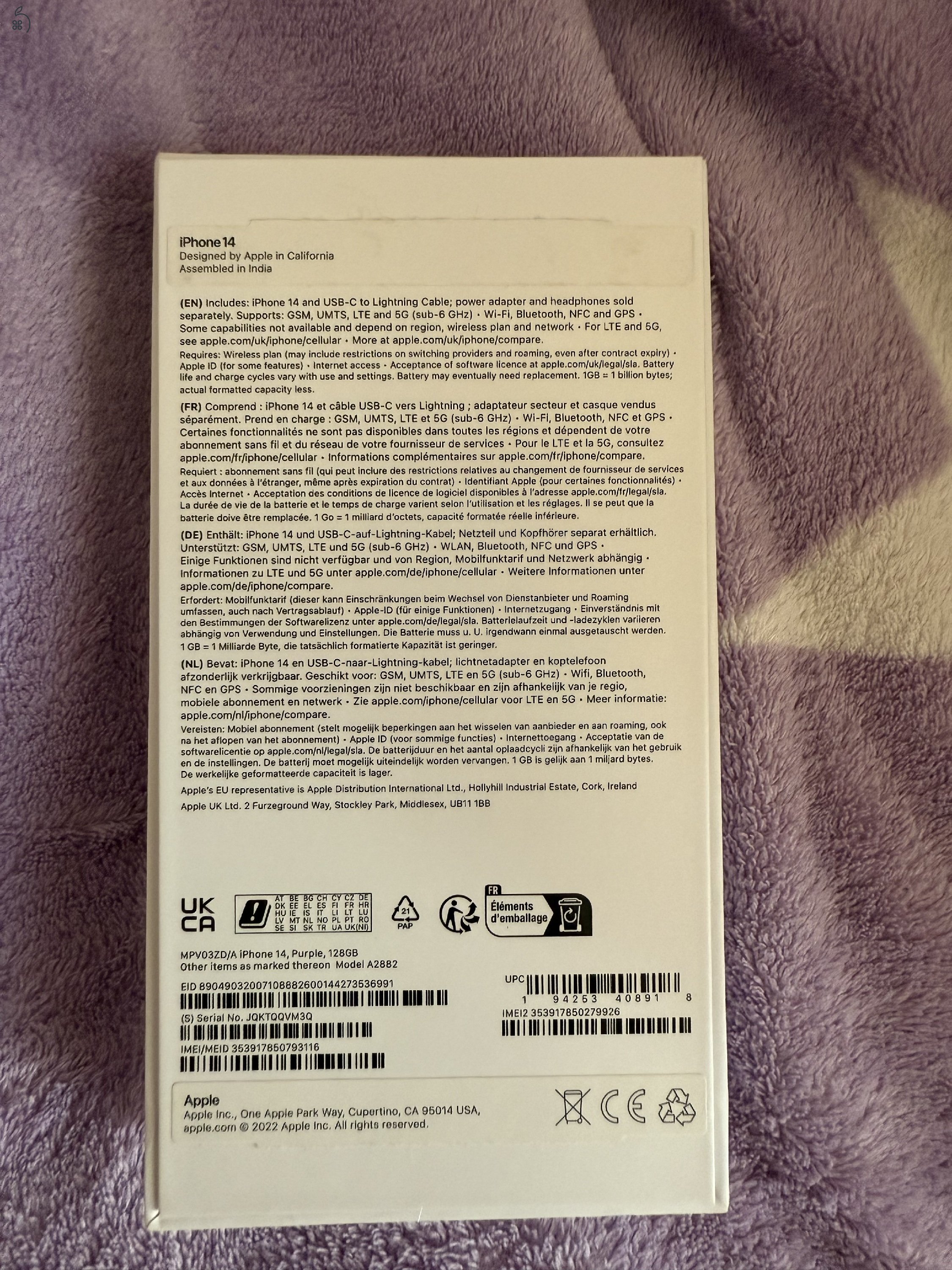 iPhone 14 lila, 128 GB független 